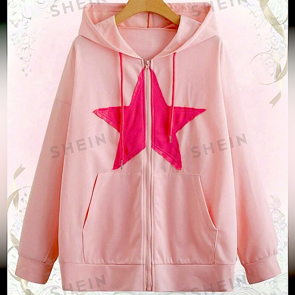 sweetness star print zip up drawstring hoodie